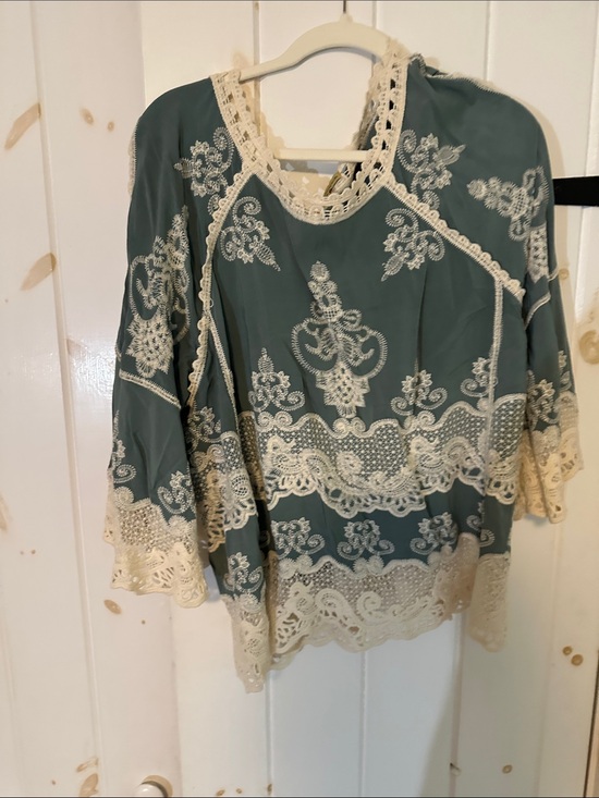 Democracy Tops - Democracy Sage Green Tunic with Cream Lace Embroidery